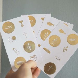32 autocollants motifs cérémonies chrétiennes – Or et Blanc